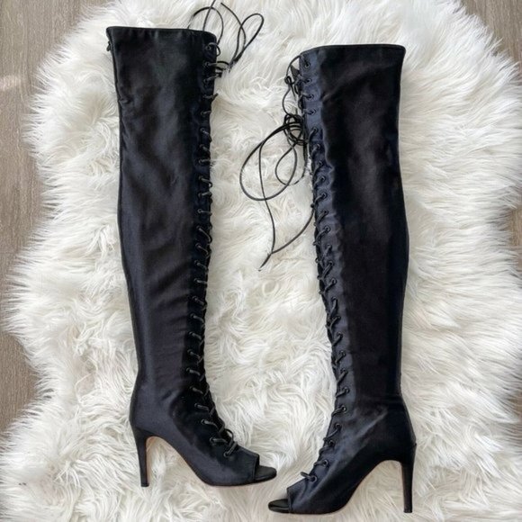 RAYE Shoes - Raye Women's Sz 7 Tyson Black Satin OTK Over The Knee Lace-Up Open Toe Boots